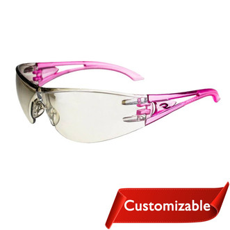lightweight pink frame safety glasses with adjustable nosepiece and smoke polycarbonate lenses