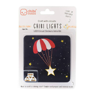 Chibitronics Circuit Stickers Intro Pack has activity card, 3 circuit stickers, copper tape, battery, binder clip