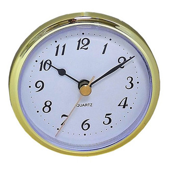 white clock face with gold rim, black Arabic type, two black hour and minute hands, and one gold seconds hand