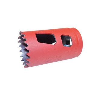 red Morse Bi-metal hole saw with 1-3/8" diameter and tooth set design for faster material removal