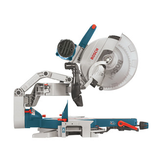 blue and silver Bosch 12" Dual-Bevel Glide Miter Saw with blade guard, upfront bevel and miter controls