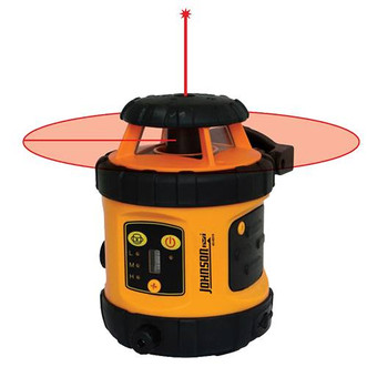 orange and black CST/berger Self-Leveling Rotary Laser System with red graphic of laser coverage area