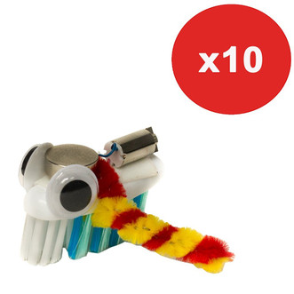 1 completed brown dog gadgets bristlebot with toothbrush head, googly eyes, pipe cleaners, and motor