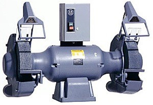 blue steel Baldor 12" Grinder with heavy shaft has oversize 208 ball bearings, eyeshields and guards