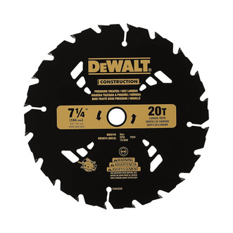 black 7-1/4" dewalt general purpose carbide-tipped combination circular saw blade with 20 tpi and 5/8" arbor