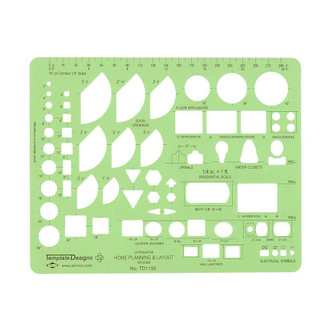translucent green plastic template is 5-1/2" x 7" and contains cutouts of bathroom and kitchen fixtures