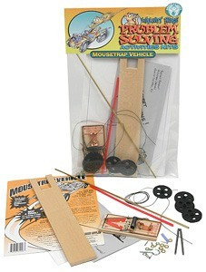 ABS Mousetrap Vehicle Kit includes mousetrap, 4 black wheels, 2 steel axles, screws and activity guide