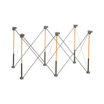 orange and black poles with diagonal supports create a 2' x 4' collapsible workstation stand with 6 feet