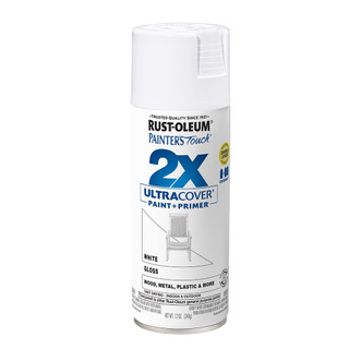 12 ounce aerosol can of Rust-Oleum 2X Ultra Cover Spray Paint + Primer in white with gloss finish