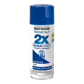 12 ounce aerosol can of Rust-Oleum 2X Ultra Cover Spray Paint + Primer in brilliant blue with gloss finish