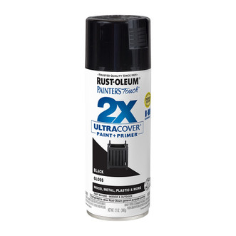 12 ounce aerosol can of Rust-Oleum 2X Ultra Cover Spray Paint + Primer in black with gloss finish