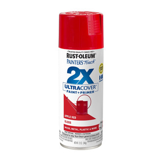 12 ounce aerosol can of Rust-Oleum 2X Ultra Cover Spray Paint + Primer in apple red with gloss finish
