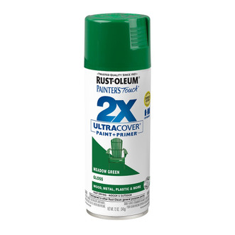 12 ounce aerosol can of Rust-Oleum 2X Ultra Cover Spray Paint + Primer in meadow green with gloss finish