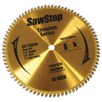 SawStop 10" Titanium Series Premium Woodworking Blade, 80 Tooth