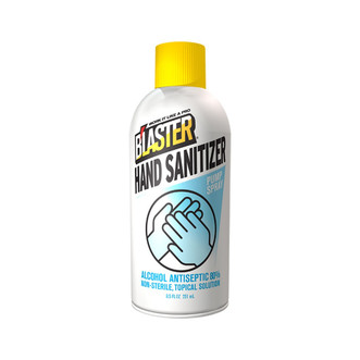 white and yellow 8.5 fluid ounce pump spray can of Blaster Chemical Hand Sanitizer alcohol antiseptic 80%