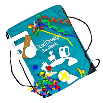 blue 3dux design string backpack with connectors, cardboard pieces, idea board sheet, graph paper