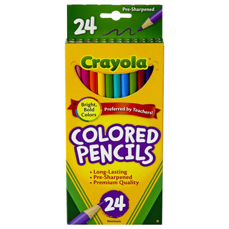 yellow and green cardboard box of 24 crayola colored pencils with pre-sharpened tips in assorted colors