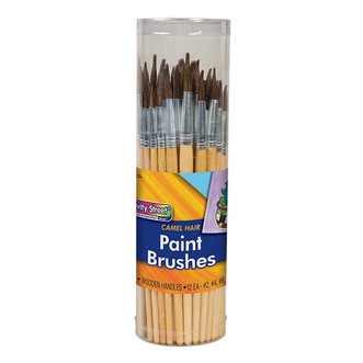 plastic tube holding 72 camel hair paint brushes with aluminum ferrules for watercolor and detail painting