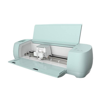light green cricut explore 3 cutting machine with open lid showing silver rollers and white blade housing