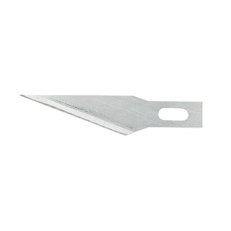 silver #11 hobby knife replacement blade with angled tip on left and hole in shaft for knife