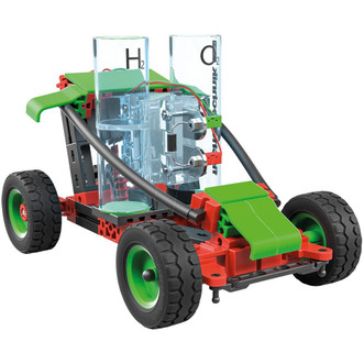 completed project of fishertechnik h2 fuel cell car kit with h2 and o2 cylinders, green and red frame