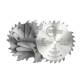 sawstop 8" blade has 5/8" arbor and 24 teeth for minimum cut 1/4", maximum cut 29/32", 6,000 maximum RPMs