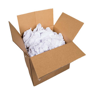 25 pound corrugated box of new, unwashed, white knit t-shirt mill-end material with low absorbency