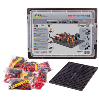 Fischertechnik Stem Gears Technology Kit with black plastic storage case, black board and bags of pieces