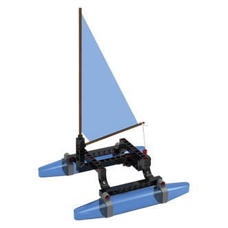 completed model of a catamaran  built from pieces in the thames & kosmos big engineering kit