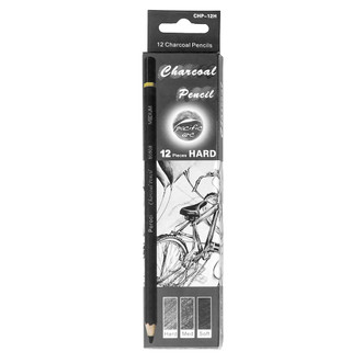 black and white box of 12 charcoal pencils from pacific arc with hard leads and quad barrel design