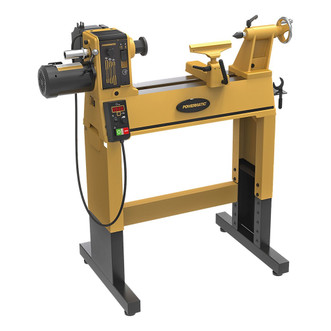 yellow and black powermatic 2014 lathe and stand with adjustable height for woodworking classroom