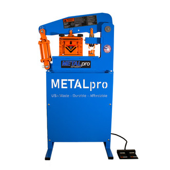 MetalPro 40-Ton Ironworker has blue frame with orange shear and punching station