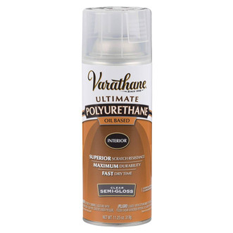 11.25 ounce aerosol spray can of varathane polyurethane oil-based wood finish with semi-gloss shine