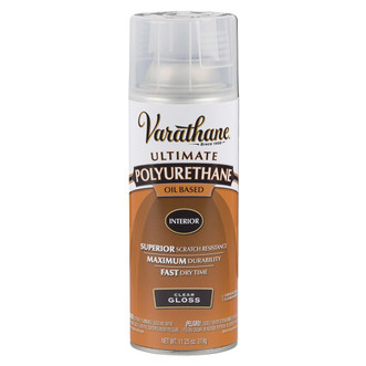 11.25 ounce aerosol spray can of varathane polyurethane oil-based wood finish with clear gloss shine