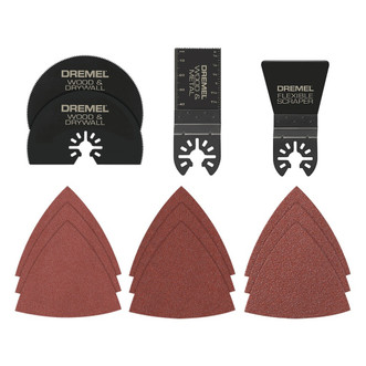 three dremel multi-max blades for cutting wood, drywall, metal, plus flexible scraper and sand paper sheets