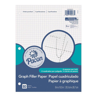 package of 80 sheets of Pacon pre-punched white graphing filler paper with 1/4" grid