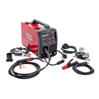 Lincoln Weld-Pak 180iMP Multi Process Welder is red with black control panel, black wires, and alligator clips