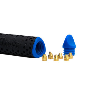 3Doodler Create+ Nozzle Set has black and blue storage case with six gold nozzle tips