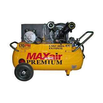 yellow air compressor has 25 gallon capacity, 5 horsepower,  pressure switch, electric motors