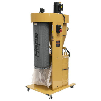 yellow powermatic cyclone dust collector has 3 horsepower and 230 volt motor
