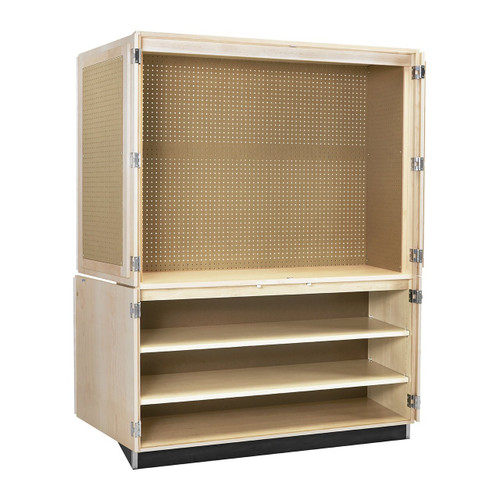 Cabinet constructed of solid maple and maple veneers. Lined with 1/4" pegboard. 1 fixed and adjustable 1" plywood shelves. Overall size 60"W x 22"D x 84"H.