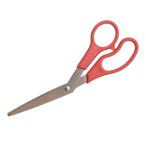 bent-handled scissors with lightweight red plastic handles and 8" long stainless steel blades