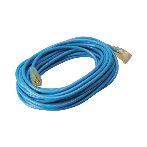 100', blue, high-visibility SJTW 12/3 extension cord has reinforced blades and power indicator light