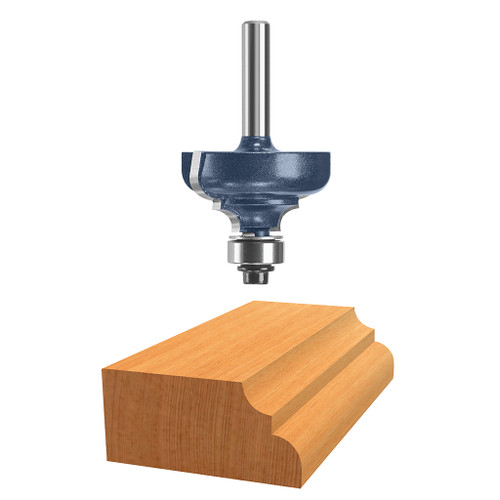 graphic of Bosch micrograin 1-3/8" Carbide-Tipped Cove and bead Router Bit displayed atop example piece of wood