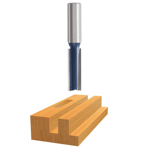 graphic of Bosch micrograin 3/8" Carbide-Tipped double flute straight Router Bit displayed atop example piece of wood