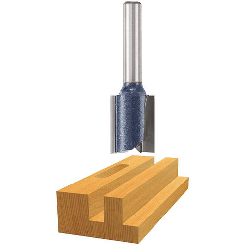 graphic of Bosch micrograin 3/4" Carbide-Tipped double flute straight Router Bit displayed atop example piece of wood