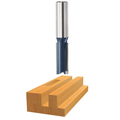 graphic of Bosch micrograin 1/2" Carbide-Tipped double flute straight Router Bit displayed atop example piece of wood