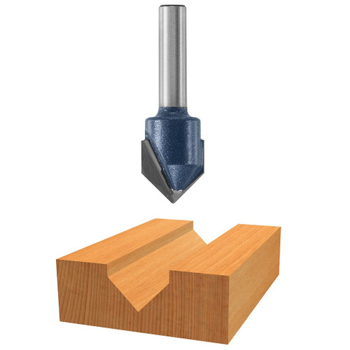 graphic of Bosch micrograin 9/16" Carbide-Tipped V-groove Router Bit displayed atop example piece of wood