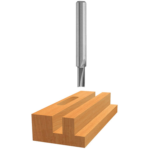 graphic of Bosch micrograin 1/8" Carbide-Tipped 2-flute straight Router Bit displayed atop example piece of wood