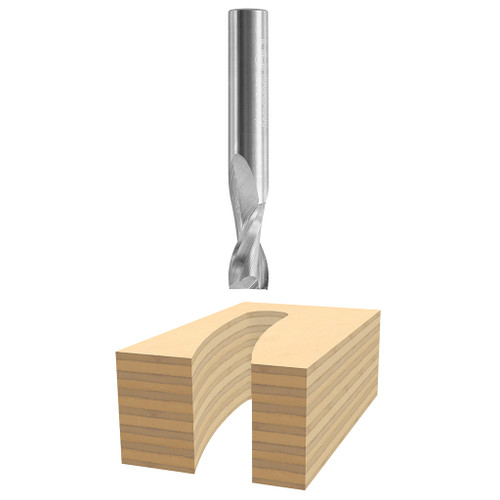 graphic of Bosch micrograin 1/4" Carbide-Tipped 2-flute upcut spiral Router Bit displayed atop example piece of wood